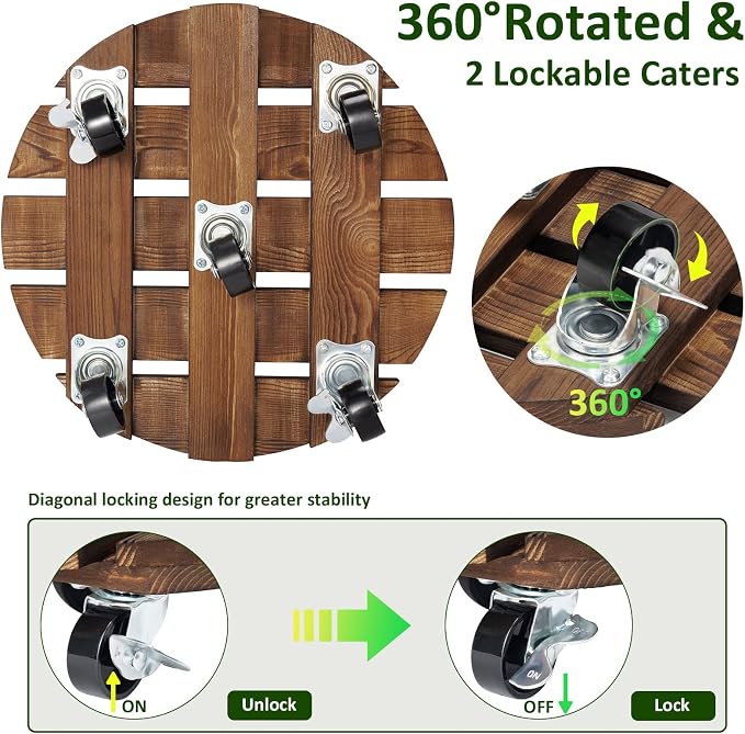 2pack Plant Caddy 12’’Wood Duty Rolling Plant Stand with 2 360° Lockable Caster Wheels,Indoor Outdoor on Roller Patio/Flower Pot/Succulent Pots | Wood Heavy Duty 360° Rotated Plant Stand - Indoor Outdoor on Roller Patio/Flower Pot/Succulent Pots