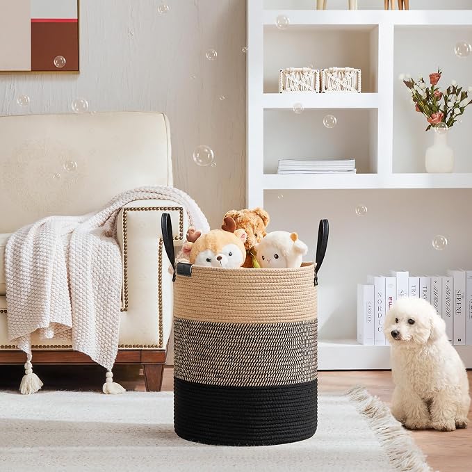VIPOSCO 53L Tall Woven Rope Laundry Hamper, Leather Handles, Brown & Black | Large Wicker Laundry Basket for Dirty Clothes, Blanket, Toy, Towel, Yoga Mat, Storage Bin in Bedroom, Bathroom, Living Room