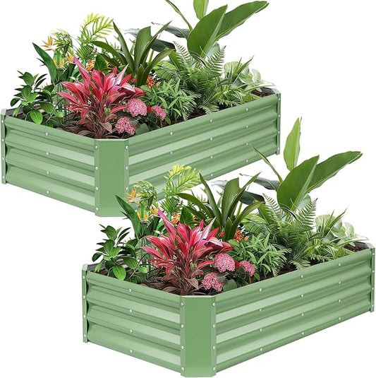 Galvanized Raised Garden Bed Kits, 2 Pack Metal Planter Box Outdoor, 4x2x1ft Rectangular Steel Planter Bed for Vegetables, Fruits, Flowers, Herbs(Olive Green)
