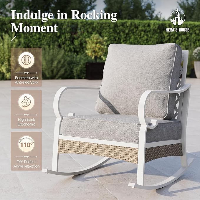 HERA'S HOUSE Outdoor Rocking Chairs Set of 2 with Cushions, High Back Patio Metal Rocker, All Weather Garden Furniture for Lawn, Backyard, Deck, Grey