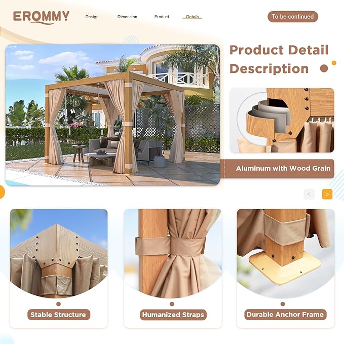 EROMMY Louvered Pergola 10x10, Outdoor Aluminum Pergola with Adjustable Rainproof Roof for Garden, Patio, Deck, Waterproof Curtains and Netting Included, Wood Grain