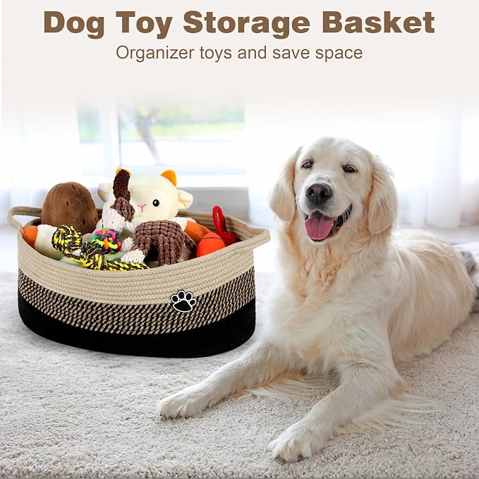 Optish 40L Extra Larg Dog Toy Basket, Woven Rope Storage Basket,Black-Brown | 20" x 14" x 9" XL Toy Storage Box and Bin with Handles for Living Room, Bedroom Organization, Foldable, Durable, Home Decor