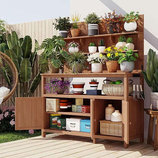 RUNNA Potting Bench with Hutch, 50.2" Solid Fir Wood Garden Workstation, Large Countertop, 2 Shelves, 2 Cabinets, 3 Side Hooks, Outdoor Planting Table for Gardening (Natural@080, 50.2-Inch)