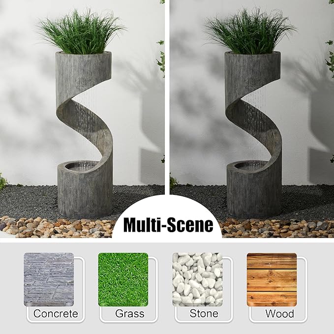 Glitzhome Outdoor Water Fountain, 40" H Polyresin Outdoor Fountain Spiral Shaped Waterfall Fountain with Pump and LED Lights, Modern Garden Fountain Water Feature for Patio, Backyard, Deck Decor