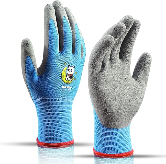 KDK Ages 8-10 Kids Gardening Gloves,Yard Work Gloves for Toddlers, Youth, Girls, Boys, Childrens, Soft Safety Rubber Glove (XXXS Age 8-10, 1 Pair Light Blue Panda)