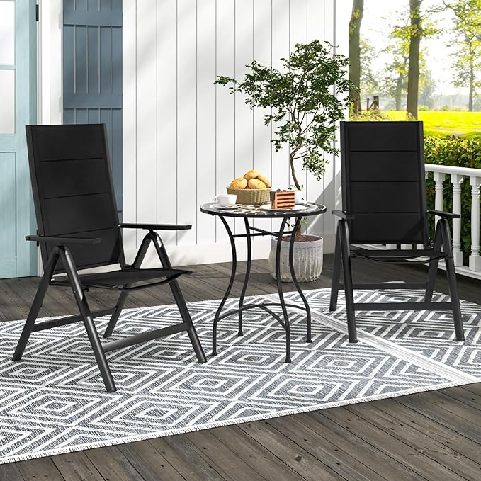 Tangkula Patio Folding Chair, Outdoor Dining Chairs with Soft Padded Seat, 7-Position Adjustable Backrest, Armrests, Portable Sling Reclining Chairs for Porch Pool Backyard Camping (1, Black)