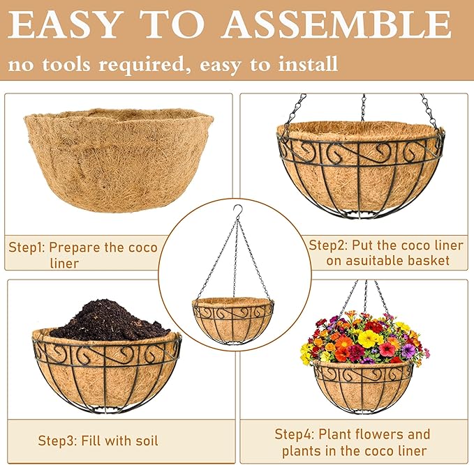 4 Pack 12" Round Metal Hanging Basket for Outdoor Plants Durable Large Hanging Planter with Coco Coir Round Plant Holders Planter for Outside Garden Decoration (Flower Border)