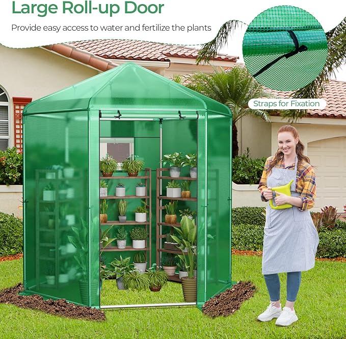 HAPPYGRILL 7 x 6 x 7.5 FT Walk-in Greenhouse, Large Outdoor Heavy Duty Greenhouse with PE Cover, Mesh Window & Roll-Up Door, Portable Greenhouses for Plant Gardening