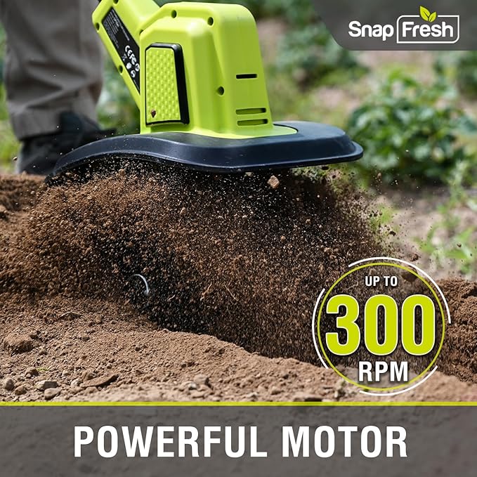 SnapFresh 20V Cordless Tiller Cultivator, 4.0Ah Battery & Fast Charger Included, 300 RPM Electric Garden Rototiller, 9” Width 6.6” Depth, 3-Speed Lightweight Handheld Soil Tiller with Steel Tines