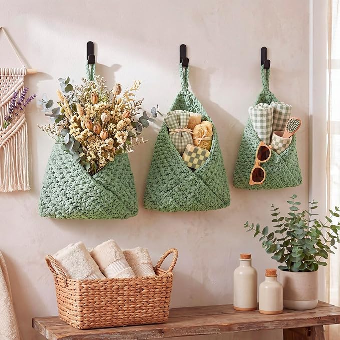 Honeydak 3 Hanging Baskets, Sage Green, Triangle, Cotton Rope | Wicker Wall Baskets with Hooks for Fruit Vegetable Onion Storage, Teardrop Organizer for Kitchen, Boho Farmhouse Decor