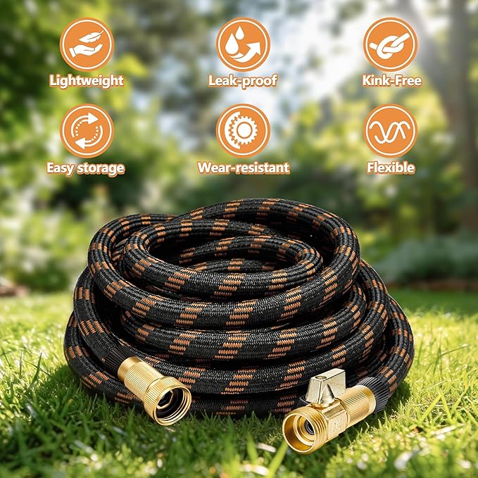 Flexible Garden Hose 75 FT, Ultra Lightweight Water Hoses w/10 Function Sprayer and 3/4" Brass Fittings, Kink-Free, Sturdy, Abrasion Resistant for Yard, Lawn, Outdoor and Gardening(Black Orange)
