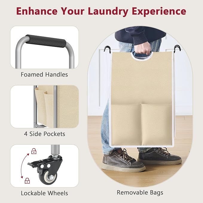 Tajsoon Laundry Sorter 5 Section, Clothes Hamper with Wheels, Beige