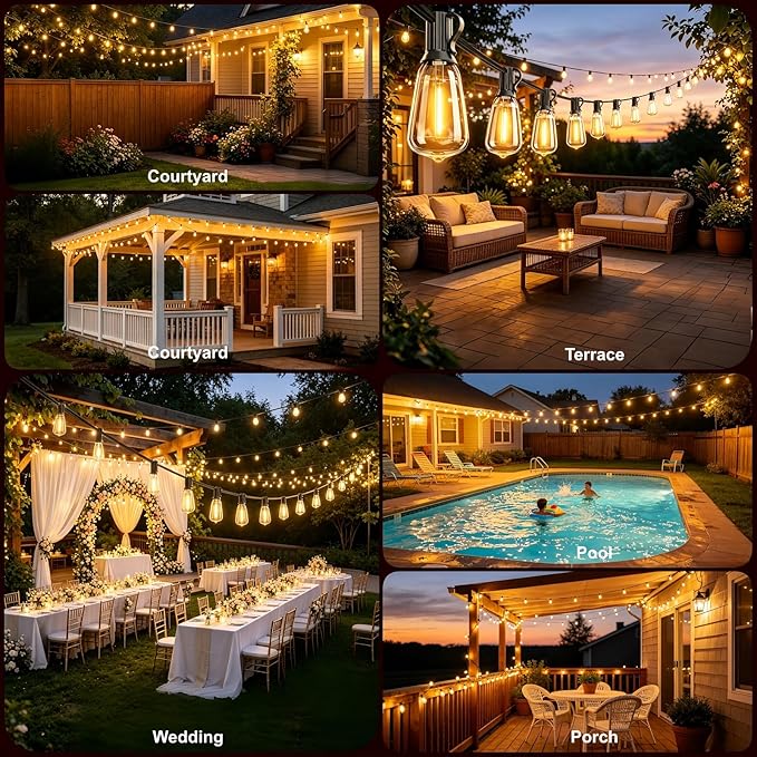 50FT Outdoor String Lights, Waterproof Patio Lights with Shatterproof ST38 Vintage Edison Bulbs, Connectable Outside Hanging Lights for Backyard, Porch, Deck, Balcony, Garden, 2500K Dimmable