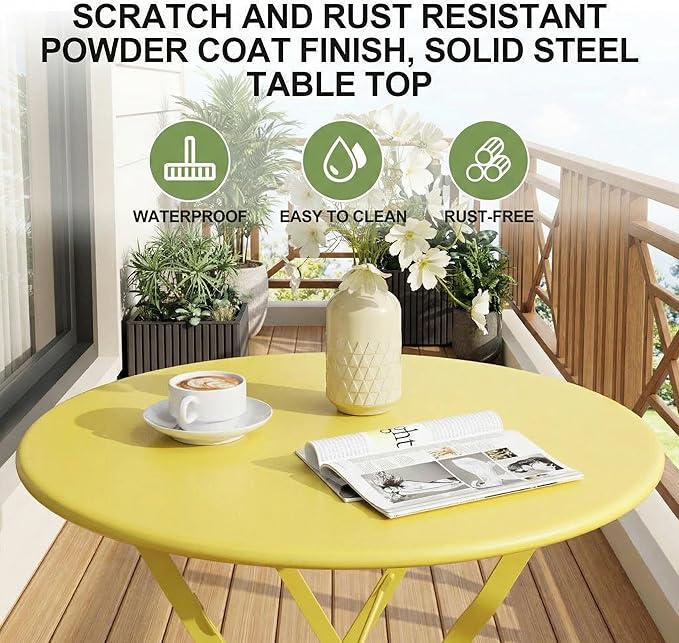 GarveeHome 3-Piece Foldable Bistro Set, Outdoor Patio Furniture with 2 Folding Chairs & 1 Table, Weather-Resistant Indoor/Outdoor Conversation Set for Patio, Yellow