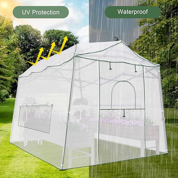8.5 x 7 ft Pop-up Greenhouse, Walk-in Green House for Indoor Outdoor, Plant Garden Green House with Zippered Doors, Screen Windows, Heavy Duty Frame and Weather-Resistant Durable PE Cover