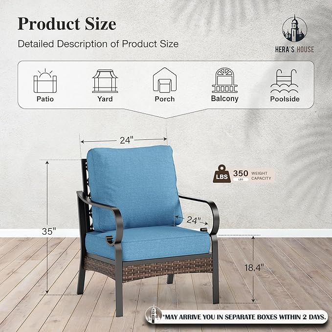 HERA'S HOUSE Patio Chairs Set of 2, High Back Outdoor Dining Chairs with Thick Cushions, All Weather Metal Frame Furniture for Garden, Backyard, Deck, Navy Blue