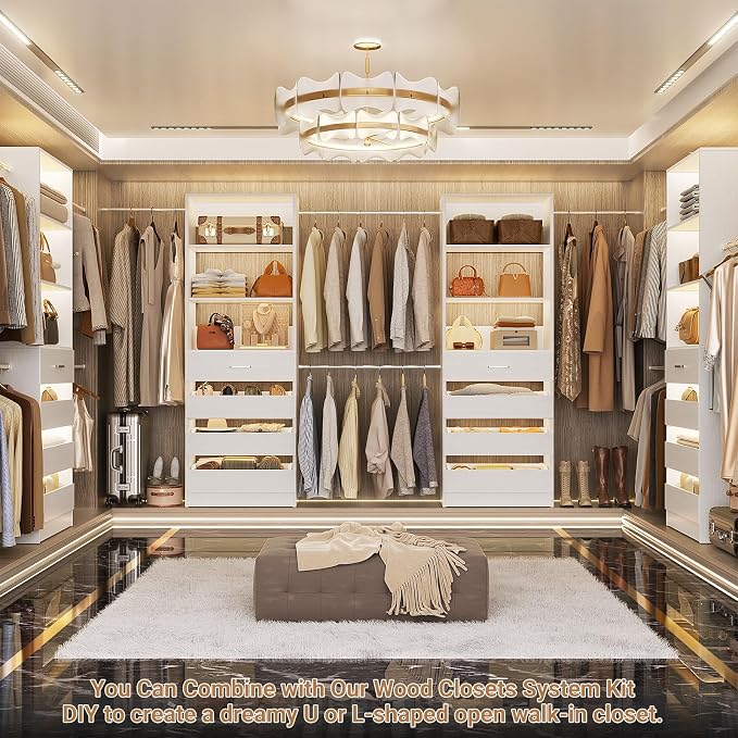 Aheaplus Closet System, 6-15Ft Closet Organizer with 8 Wooden Drawers,White