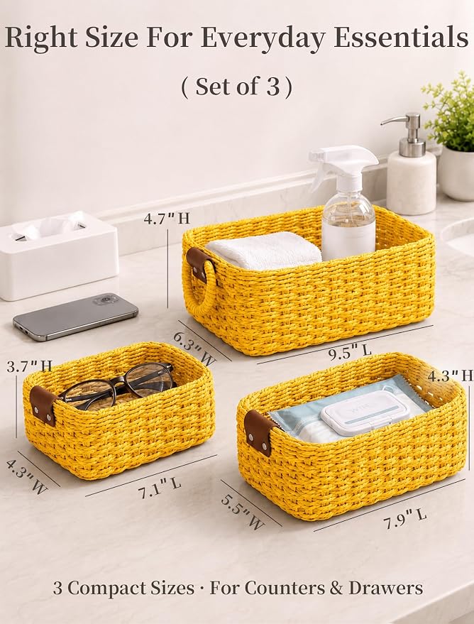 Small Wicker Baskets, 3 PCS Paper Rope Baskets for Shelves, Yellow | Recycled Small Baskets, 3 Sizes Woven Baskets for Organizing, Decorative Storage Baskets for Bedroom and Bathroom