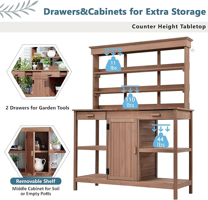 66" Large Outdoor Farmhouse Wooden Potting Bench Table, Garden Workstation with 2 Drawers, Cabinet and Open Shelves for Backyard, Mudroom (Brown-11)