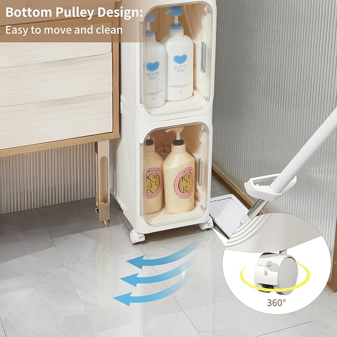 5-Tier Narrow Storage Cabinet Slim Bathroom Tall Skinny Organizer | Movable Slim Storage Cabinet with Lockable Rolling Wheels Adjustable Detachable Shelves Snap Assembly for Small Spaces,White