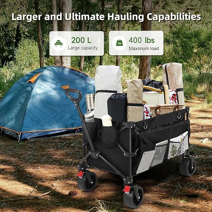 HAUSPROFI Collapsible Wagon Cart, 400 lbs Capacity, 7 cu ft (200L) Large Storage, Heavy Duty Foldable Utility Wagon with Pockets, Beach Wagon with Big Wheels for Sand, Garden, Camping & Grocery