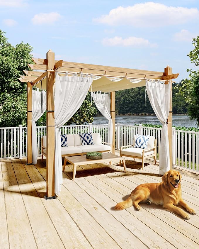 KYBOLT 10x10 Ft Outdoor Pergola with Retractable Canopy Metal Gazebo Imitation Wood-Grain Column with Side Mesh Screen Modern Pavilion for Backyard(Beige+White)