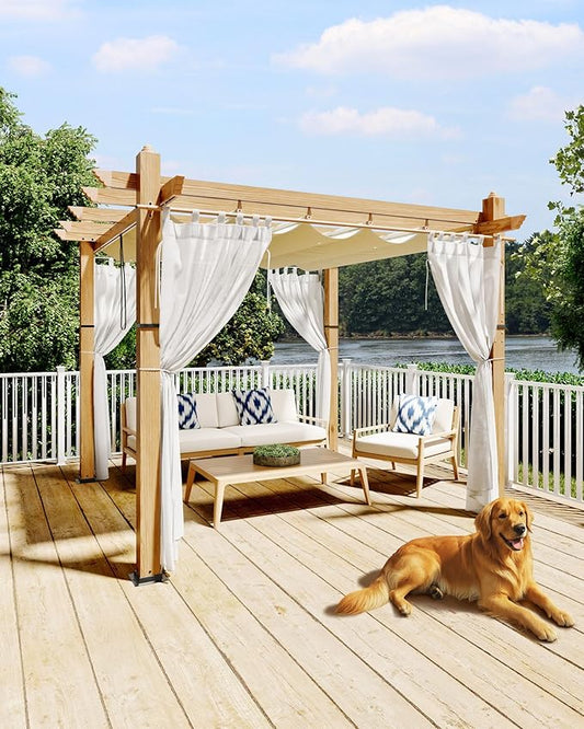 KYBOLT 10x10 Ft Outdoor Pergola with Retractable Canopy Metal Gazebo Imitation Wood-Grain Column with Side Mesh Screen Modern Pavilion for Backyard(Beige+White)