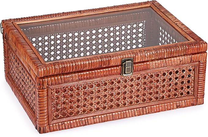 Hipiwe Vintage Rattan Display Box Rectangular Woven with Glass Lid, Brown | Natural Woven Cane Organizer for Home Decor, Decorative Rattan Storage Box for Shelf, Bathroom, Kitchen, 14" x 10" x 5.7"