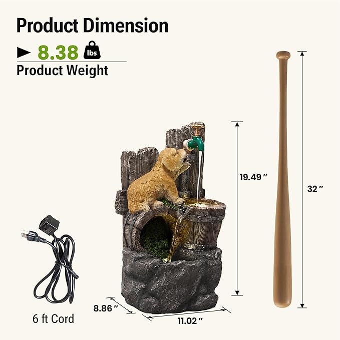 20-Inch Outdoor Water Fountain, 3-Tier Rustic Barrel Puppy and Pump Resin Waterfall Fountain with 2 LED Lights, Water Feature for Farmhouse, Garden, Patio, Backyard, Deck, Lawn in Brown