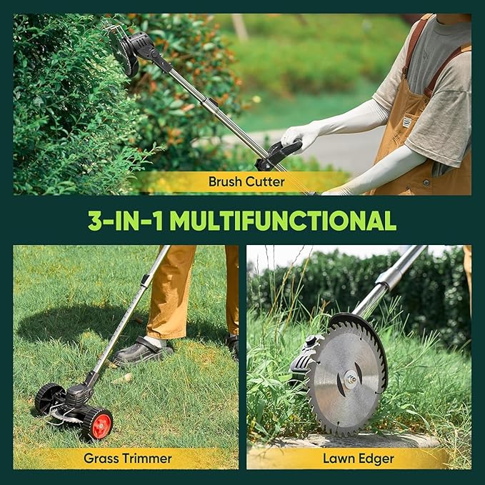 SakerPlus Wireless Weed Cutter, 24V Cordless Electric Grass Trimmer Weed Eater Wacker with 2 Batteries, 3-in-1 Lightweight Brush Cutter/Lawn Mower/Edger with Wheels & for Lawn, Garden & Yard(Black)