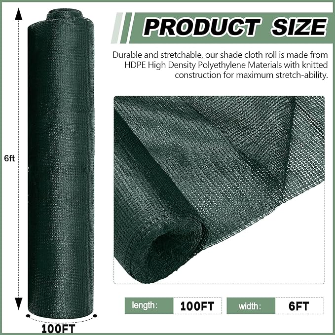 6 x 100 ft Green Shade Cloth Roll for Covering Garden 90% Mesh UV Resistant Net with Ties for Patio Outdoor Greenhouse Fence Flower Plant Cover Canopy