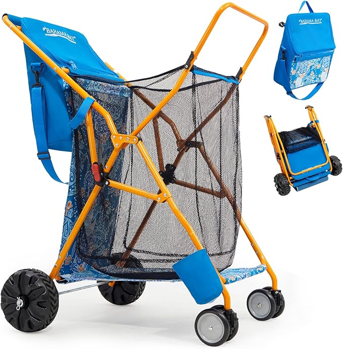 Old Bahama Bay Beach Cart with Large Wheels for Sand, Wide Wheelbase Beach Wagon with Insulated Cooler Bag, Body Board and Umbrella Holder | 100lb Capacity