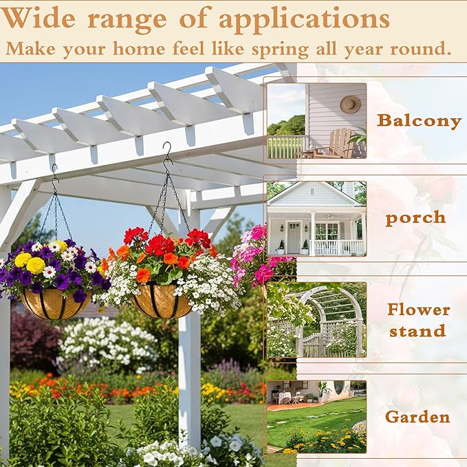 4 Pack 12" Round Metal Hanging Basket for Outdoor Plants Durable Large Hanging Planter with Coco Coir Round Plant Holders Planter for Outside Garden Decoration (Flat Iron)