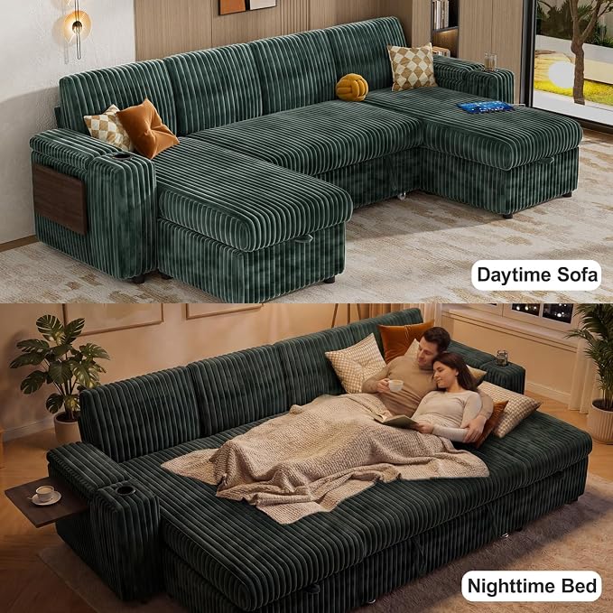 Vipbear 108" Modular Sectional Sleeper Sofa with Pull Out Bed, 4 Seat Plush Corduroy U Shaped Couch with USB Ports|Cup Holders|Side Table|Storage Chaise Armrests, Tool Free Assembly, Green