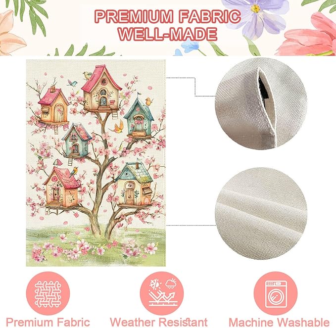 Baccessor Spring Birds House Flag Double Sided 28x40 Inch Burlap,Pink Floral Flower Tree Large Garden Flag Porch Patio Front Entry Yard Seasonal Farmhouse Outside Outdoor Decor