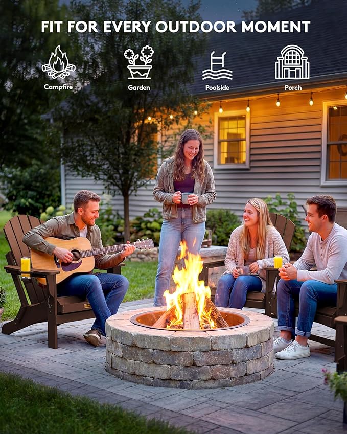 SERWALL Folding Adirondack Chair Set of 4, Weather Resistant HIPS Patio Chairs with Cup Holder for Garden Outdoors Fire Pit- Coffee
