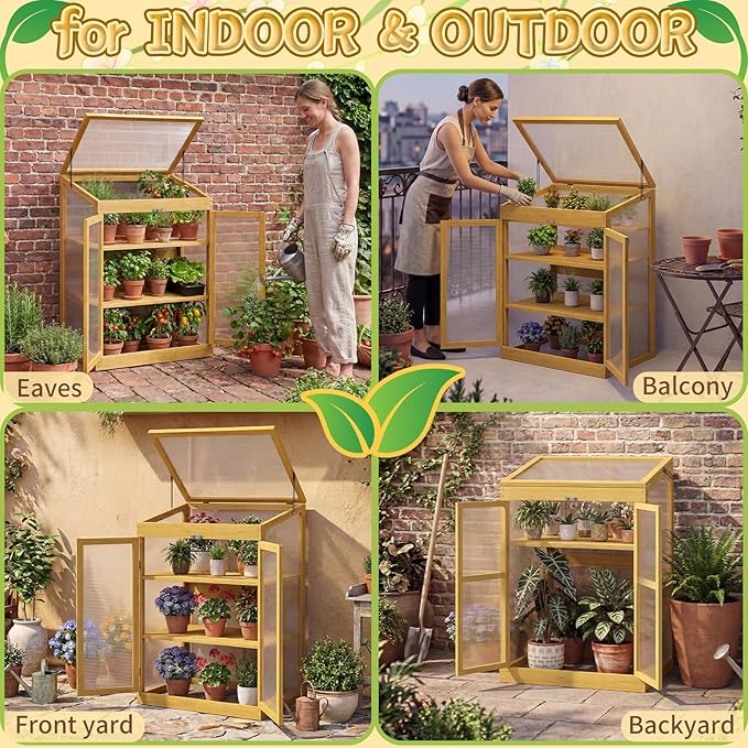 Wooden Cold Frame Greenhouse, Garden Portable Mini Solid Wood Greenhouse Cabinet with Transparent Flip-Top Roof, Raised Flower Plants Shelf Protection for Outdoor Indoor, Natural