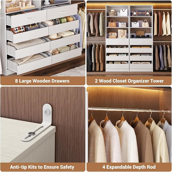 Aheaplus Closet System, 6-15Ft Closet Organizer with 8 Wooden Drawers,White