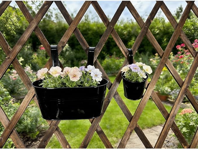 Pack of 4 Metal Hanging Planters for Outdoor Plants, 2 Pcs 4" Round Railing Planter & 2 Pcs 10" Oval Fence Flower Pots for Balcony Garden Decor, Black