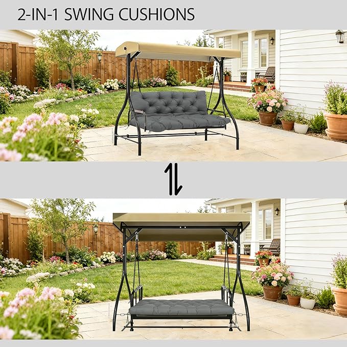 Premium 5" Thicken Porch Swing Cushions Waterproof 3 Seater Replacement Cushions with Backrest and Adjustable Straps, Outdoor Furniture Cushions for Patio, Garden(70×40×5inch)