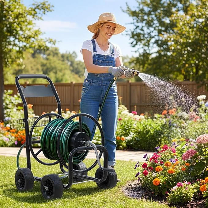 VINGLI 4-Wheel Garden Hose Reel Cart with Storage Basket, Portable Residential Hose Reel Cart, Lawn Watering, for Garden Backyard and Farm