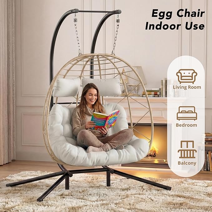 Easyego 2-Person Wicker Hanging Egg Chair with Stand- 700 lb Capacity, Indoor/Outdoor Double Egg Swing Hammock Chair for Patio, Garden, Porch, Living Room, Bedroom-Beige