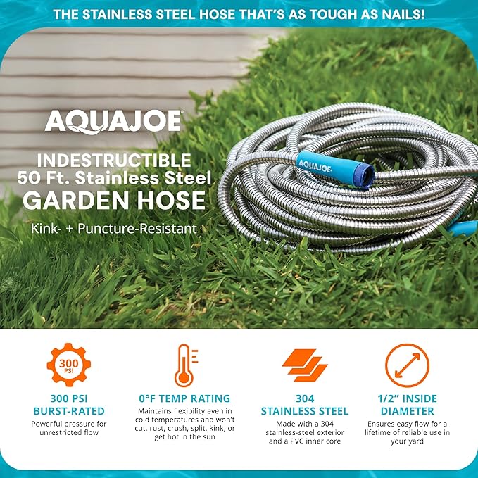 Aqua Joe 50-Foot Heavy Duty Garden Hose, Spiral 304 Stainless Steel Metal Hose, Puncture Proof, 1/2 Inch Diameter with Aluminum Fittings, AJSGH50