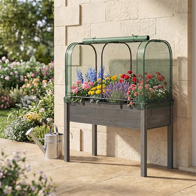 Giantex Raised Garden Bed with Cover, Wood Elevated Planter Box with Legs & Mini Greenhouse, Waterproof Sun-Protective PE Green House Cover, Outdoor Use for Fruit Vegetable Flower Herb (Green+Gray)