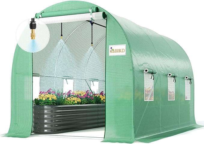 KING BIRD Premium 10x7x7 FT Greenhouse for Outdoors, Large Walk-in Heavy Duty Galvanized Steel Frame, Mesh Door Screen Window Tunnel Hoop Garden Plant Winter Hot House with Irrigation Kit, Green