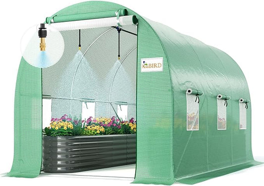 KING BIRD Premium 10x7x7 FT Greenhouse for Outdoors, Large Walk-in Heavy Duty Galvanized Steel Frame, Mesh Door Screen Window Tunnel Hoop Garden Plant Winter Hot House with Irrigation Kit, Green