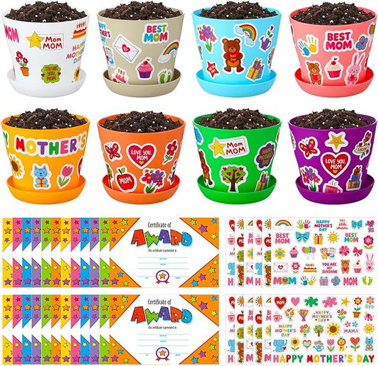 Domensi 30 Pack Garden Pot Craft Kit 4 Inch DIY Happy Mother's Day Crafts for Kids Bulk Small Plastic Flower Plant Pot Plastic Planter with Tray Drainage Holes with Tag, Certificate of Award, Sticker