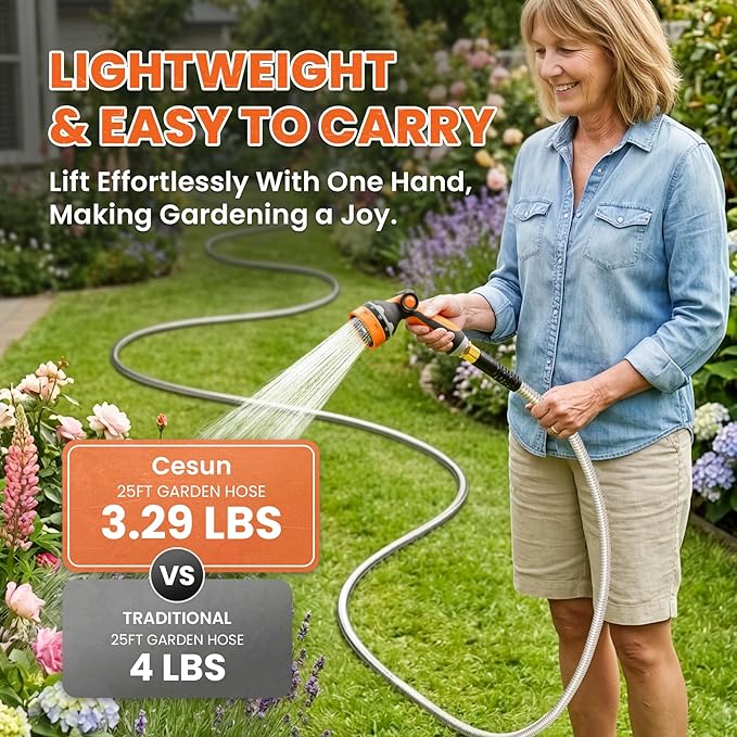 Cesun 25 ft Metal Garden Hose, Stainless Steel Heavy Duty Water Hose With 10 Function Nozzle, No Kink & Flexible, Lightweight and Durable, Rust Proof for Yard, RV, Pet Bath, Outdoor, 25 foot x 5/8"
