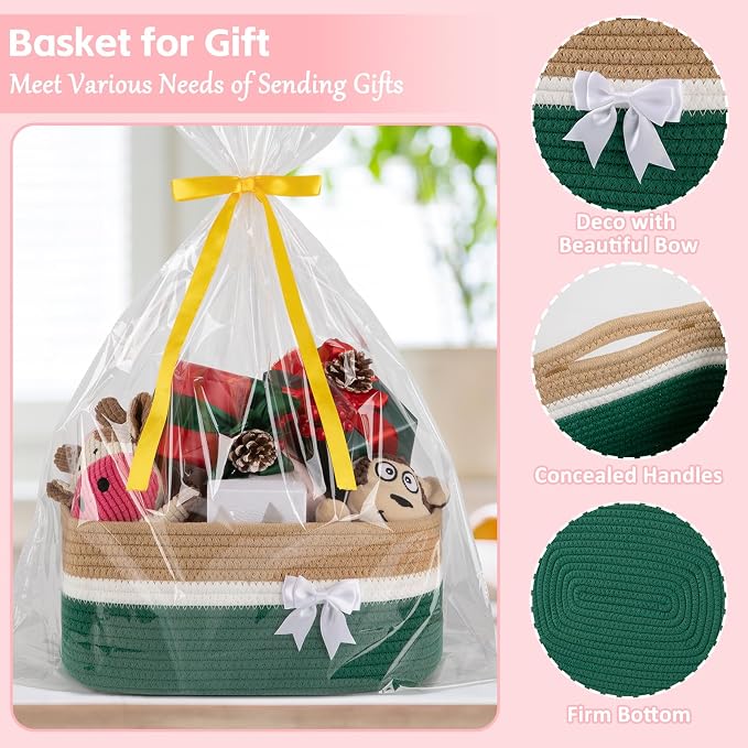 OIAHOMY Large Woven Storage Basket with Handles for Nursery Living Room Shelves, Bow Basket for Gifts Empty with Gift Bags and Ribbons for Baby Showers Pet Toy Bin -Yellow & Dark Green