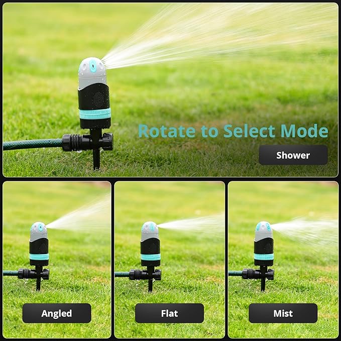 QUOBAS Sprinkler for Yard, 4 Spray Modes, 360° Adjustable Rotation, Heavy Duty Metal Spike with Built-in Filter, Water Diameter up to 50ft for Garden Plant, Flower Bed and Large Yard Area